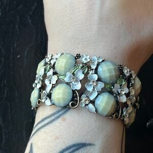 Estate Vintage White Green and Bronze Floral Garden Expanding Cuff Bracelet